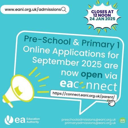 If you have a child due to start Nursery or Primary 1 in September 2025, the online application system is now open.  If you need any help with the process or would like to see around the school, please phone our secretary to make an appointment. 87722722.